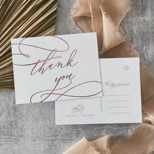 Romantic Rose Gold Calligraphy Thank You Postcard