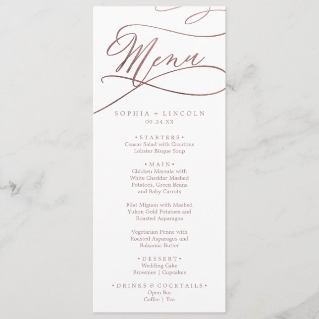 Romantic Rose Gold Calligraphy Wedding Dinner Menu (Front)