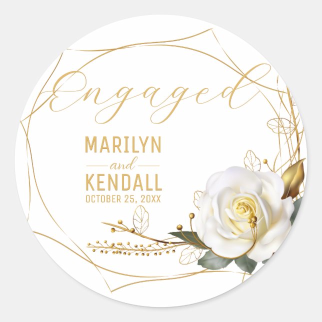 Romantic Rose Gold Engagement  Classic Round Sticker (Front)