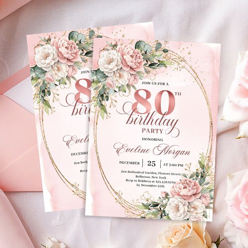 Romantic Rose Gold Floral Greenery 80th Birthday  