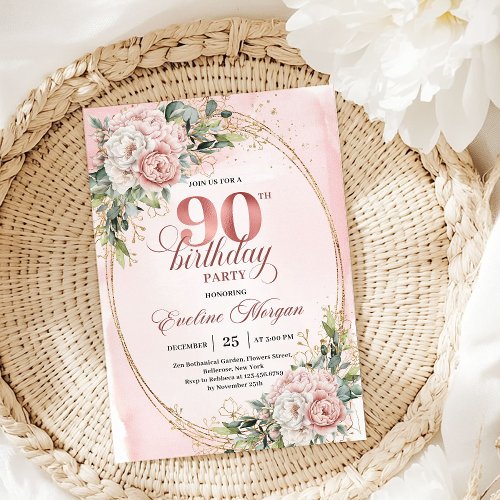 Romantic Rose Gold Floral Greenery 90th Birthday  