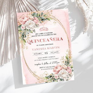 Romantic Rose Gold Floral Greenery Quinceañera   Invitation