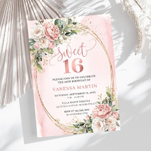 Romantic Rose Gold Floral Greenery Sweet Sixteen Invitation