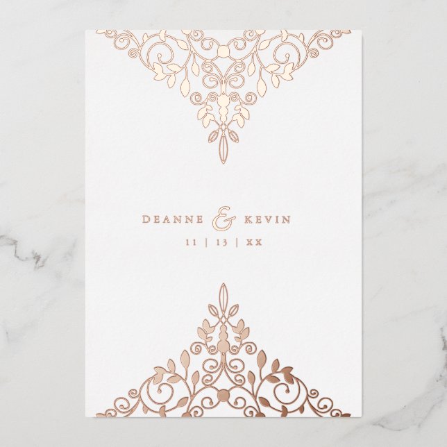 Romantic Rose Gold Flourish Ornament Wedding  Foil Invitation (Front)
