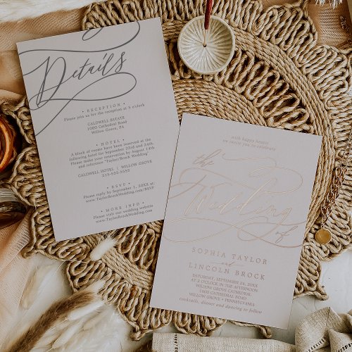 Romantic Rose Gold Foil  Blush All In One Wedding Foil Invitation