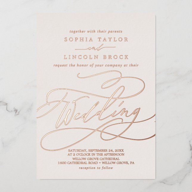 Romantic Rose Gold Foil | Blush Flourish Wedding Invitation (Front)
