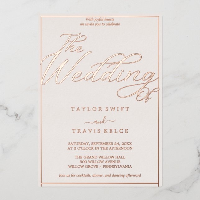 Romantic Rose Gold Foil & Blush Frame Wedding Invitation (Front)