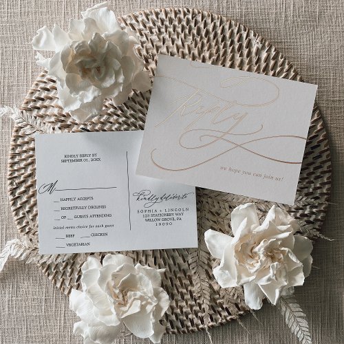 Romantic Rose Gold Foil  Blush Meal Option RSVP Foil Invitation Postcard