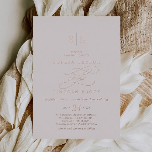 Romantic Rose Gold Foil  Blush Monogram Wedding Foil Invitation
