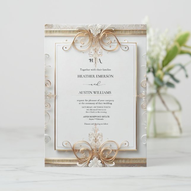 Romantic Rose Gold Foil | Blush Monogram Wedding Invitation (Standing Front)