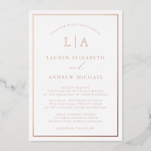 Romantic Rose Gold Foil Monogram Border Wedding Foil Invitation