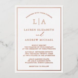 Romantic Rose Gold Foil Monogram Border Wedding Invitation
