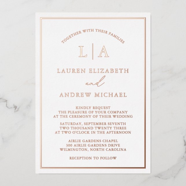 Romantic Rose Gold Foil Monogram Border Wedding Invitation (Front)