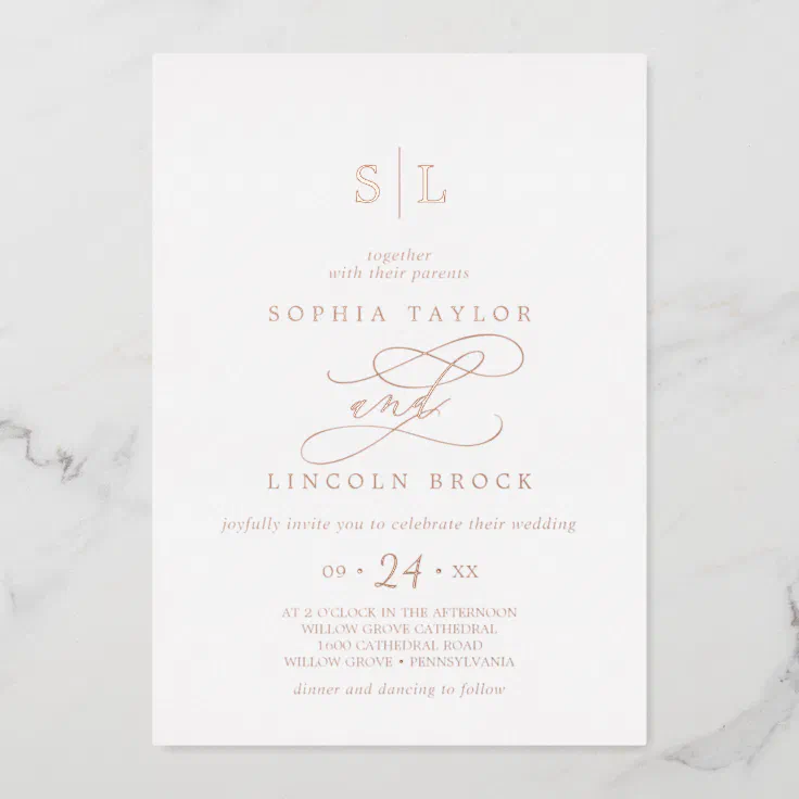 Romantic Rose Gold Foil Monogram Wedding Foil Invitation | Zazzle