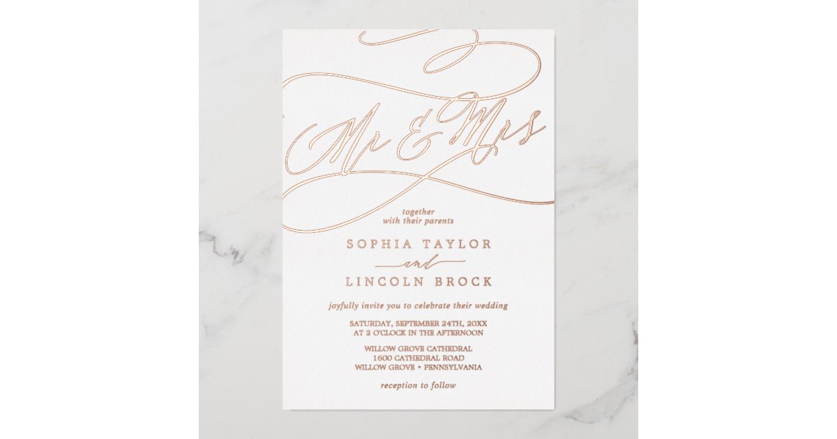 Romantic Rose Gold Foil Mr & Mrs Wedding Foil Invitation | Zazzle.com