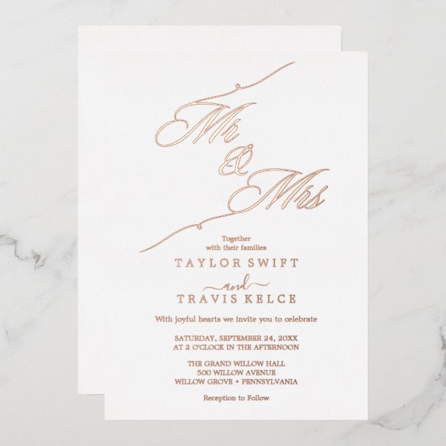 Romantic Rose Gold Foil | Mr. & Mrs. Wedding  Invitation (Front/Back)