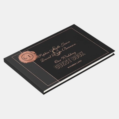 Romantic Rose Gold Glitter Monogram Wedding Guest Book