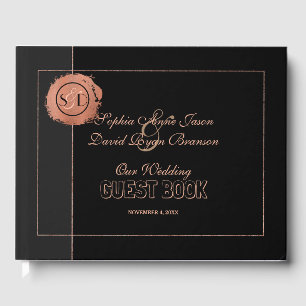 Romantic Rose Gold Glitter Monogram Wedding Guest Book