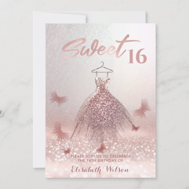 Romantic Rose gold glittery dress butterfly Invita Invitation (Front)