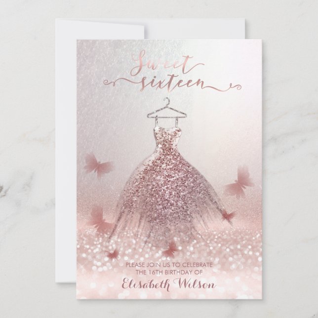 Romantic Rose gold glittery dress butterfly Invitation (Front)