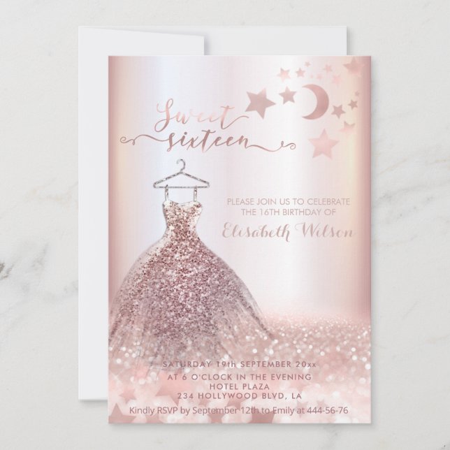 Romantic Rose gold glittery dress celestial Invita Invitation (Front)