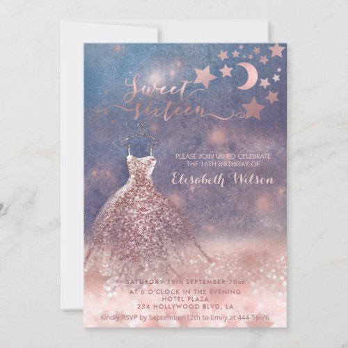 Romantic Rose gold glittery dress celestial Invitation