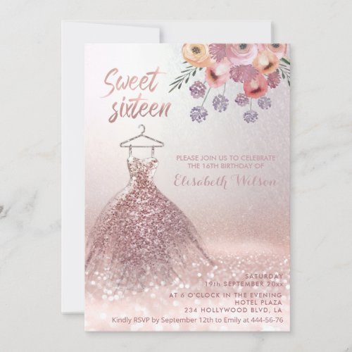 Romantic Rose gold glittery dress floral Invitatio Invitation