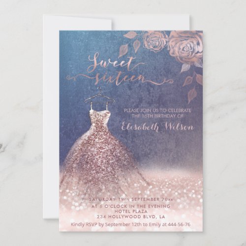 Romantic Rose gold glittery dress roses  Invitatio Invitation