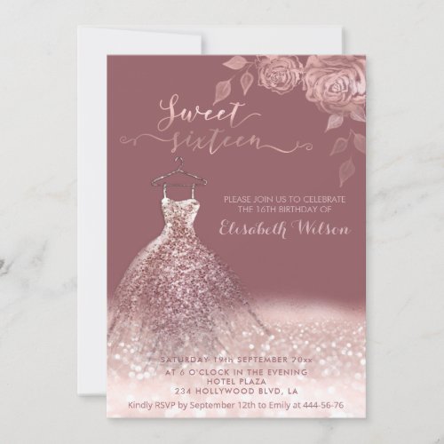 Romantic Rose gold glittery dress roses  Invitatio Invitation