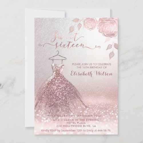 Romantic Rose gold glittery dress roses   Invitation