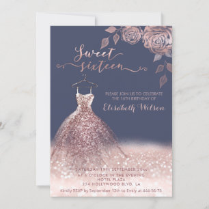 Romantic Rose gold glittery dress roses Invitation