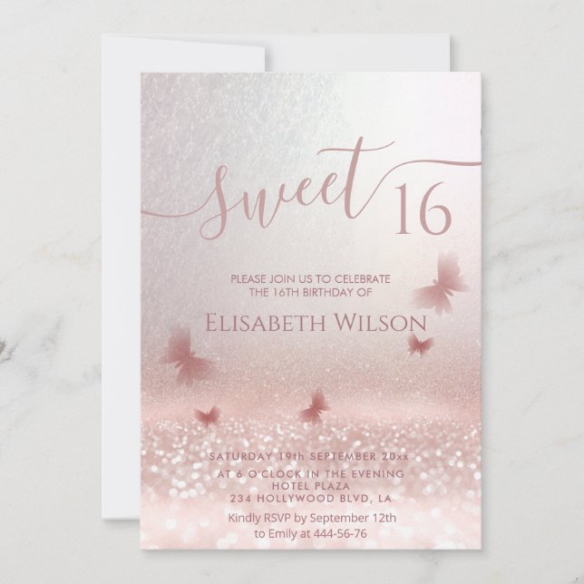 Romantic Rose gold glittery ombre butterfly  photo Invitation (Front)