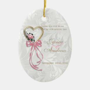 Romantic Rose, Gold Heart & Pink Ribbon Ceramic Ornament
