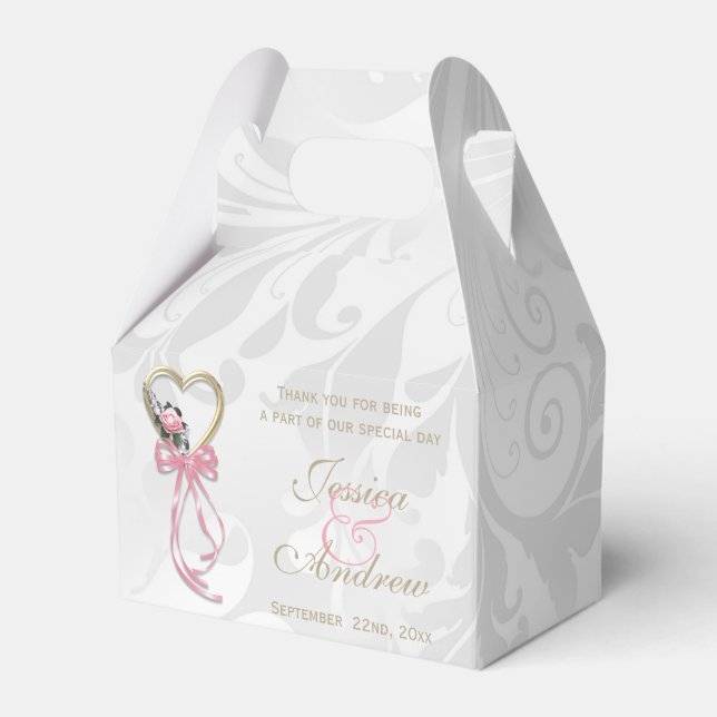 Romantic Rose, Gold Heart & Pink Ribbon Favor Boxes (Front Side)