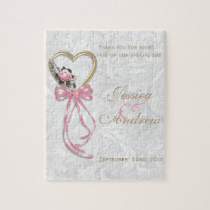 Romantic Rose, Gold Heart & Pink Ribbon Jigsaw Puzzle