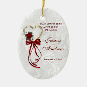 Romantic Rose, Gold Heart & Red Ribbon Ceramic Ornament