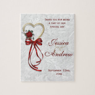 Romantic Rose, Gold Heart & Red Ribbon Jigsaw Puzzle