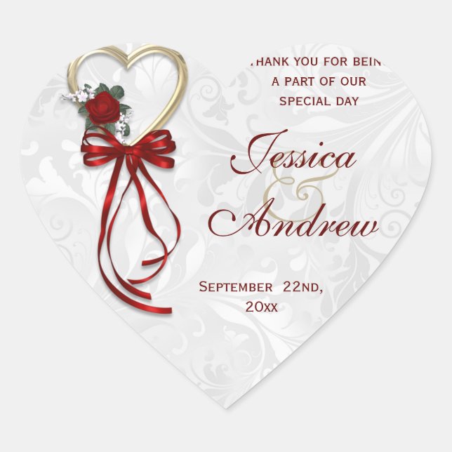 Romantic Rose, Gold Heart & Red Ribbon Sticker (Front)