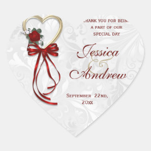 Romantic Rose, Gold Heart & Red Ribbon Sticker