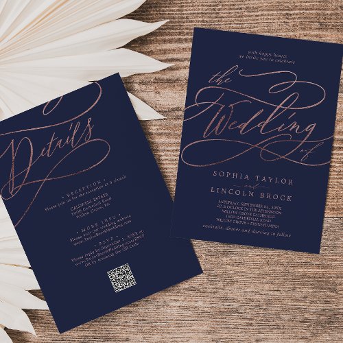 Romantic Rose Gold Navy All In One QR Code Wedding Invitation