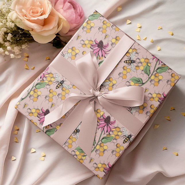 Romantic Rose Gold Queen Bee, Honeycomb & Flowers  Wrapping Paper (Elegant Hand-Drawn Buzzing Queen Bee, Honeycomb & Pink Exotic Flower Gift Wrap for Nature Lovers.)