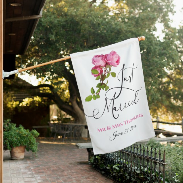 Romantic Rose Just Married Date Wedding House Flag (In SItu)