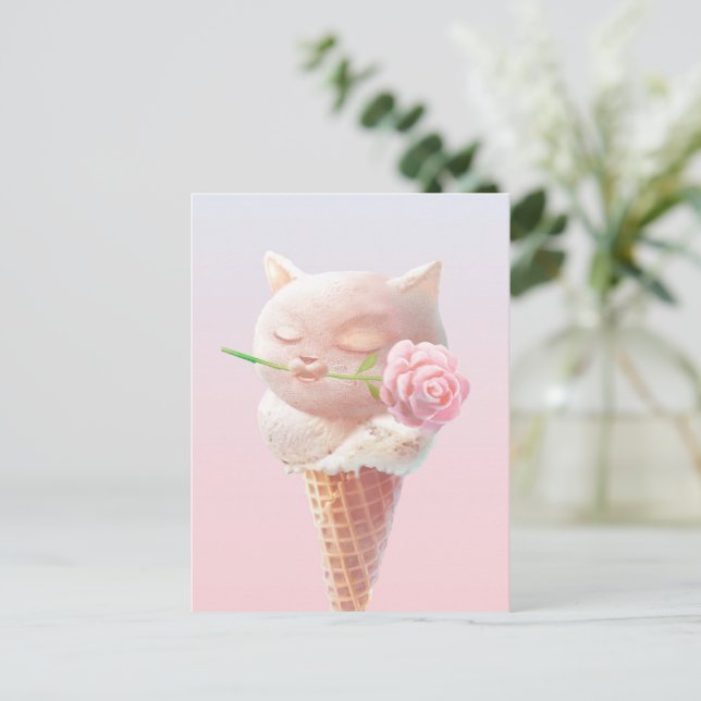 Romantic Rose: Miss Meow Pink Ice Cream Cone Art Announcement Postcard (Standing Front)