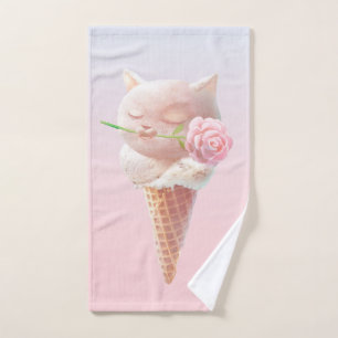 Romantic Rose: Miss Meow Pink Ice Cream Cone Art Bath Towel Set