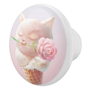 Romantic Rose: Miss Meow Pink Ice Cream Cone Art Ceramic Knob