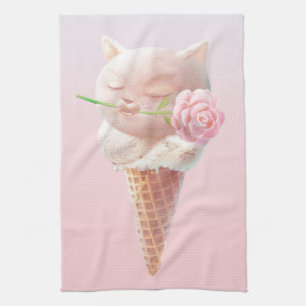Romantic Rose: Miss Meow Pink Ice Cream Cone Art Kitchen Towel