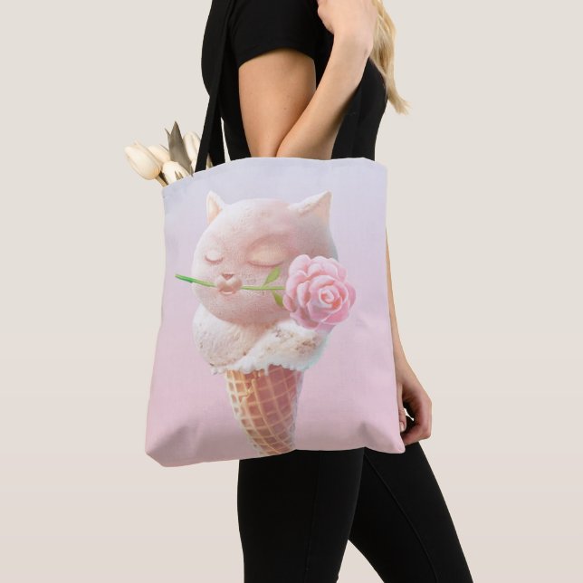 Romantic Rose: Miss Meow Pink Ice Cream Cone Art Tote Bag (Close Up)