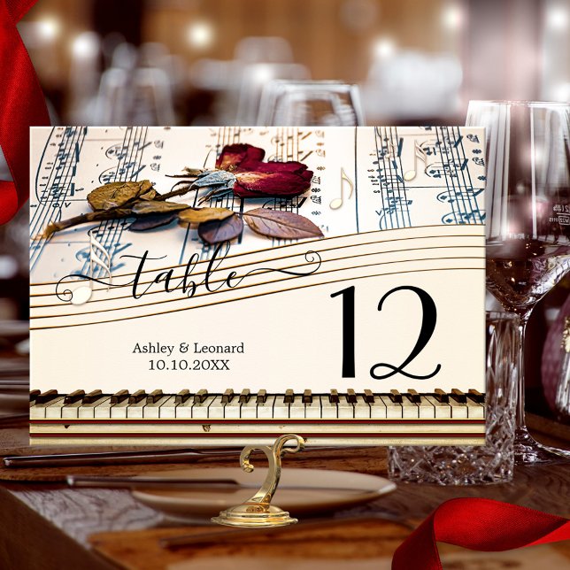 Romantic Rose Music Wedding Table Number Card (Wedding table number card featuring a romantic rose on a music sheet with a keyboard design)
