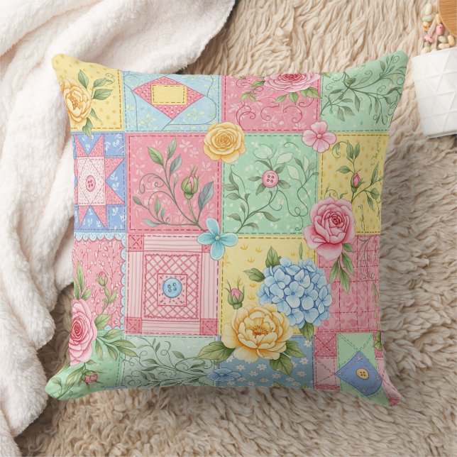 Romantic Rose Patchwork Pattern Throw Pillow (Blanket)