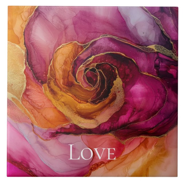 Romantic Rose Peach Red Pink Gold Floral Love Ceramic Tile (Front)